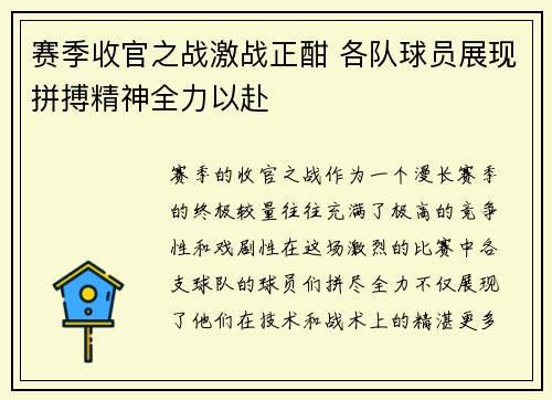 赛季收官之战激战正酣 各队球员展现拼搏精神全力以赴